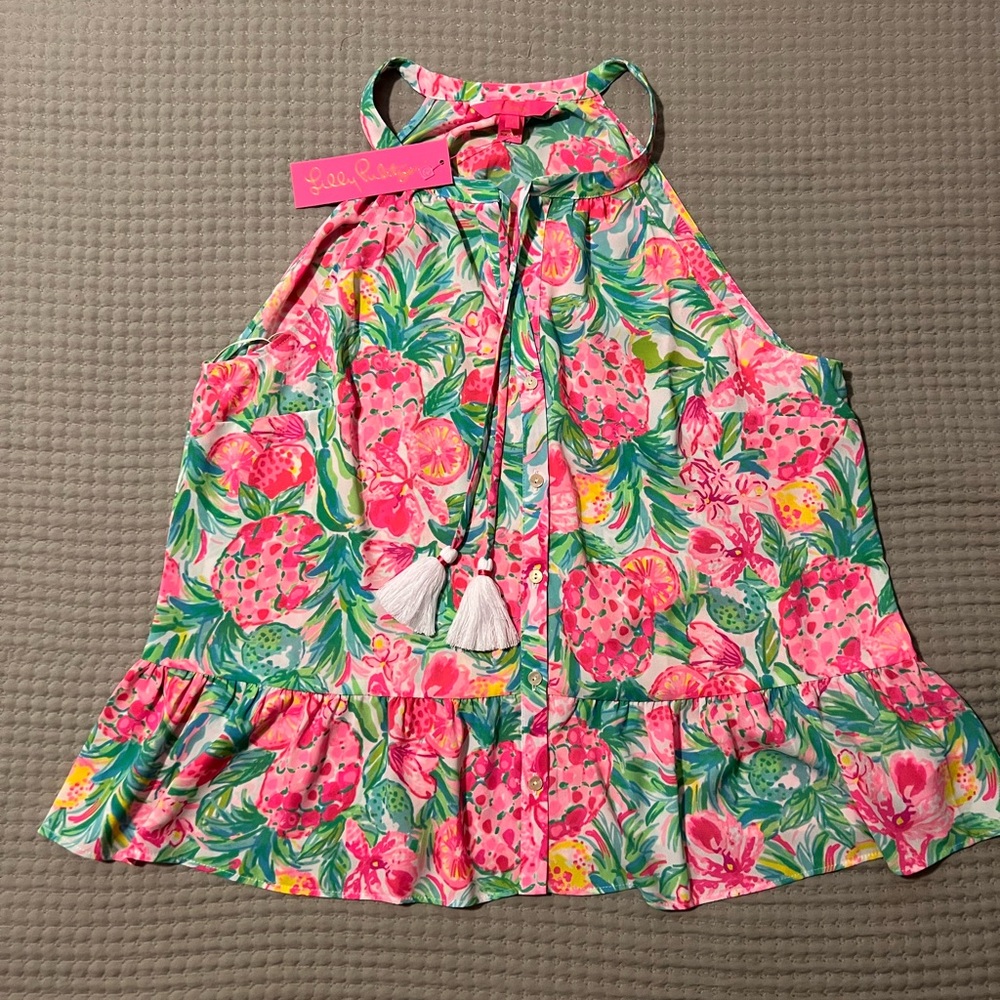 Lilly Pulitzer Pineapple Halter Top Tropical Tassel Tie Flounce Hem NWT Sz L
